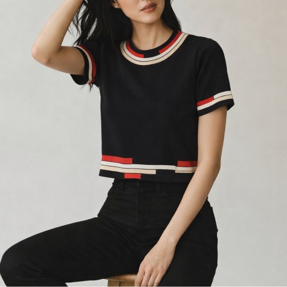 Black Short Sleeve Top with Red, Blue and White Stripes SZ S-M
